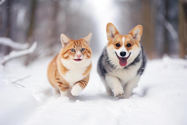 un chien et un chat courent dans la neige
