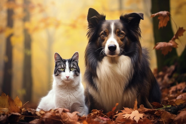 Chien et chat dans les bois brumeux d'automne