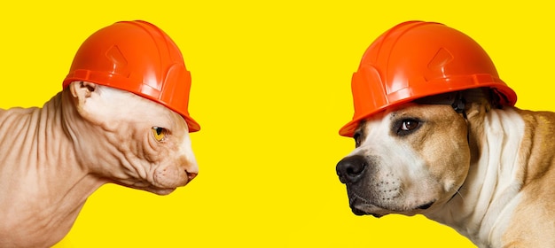 Chien avec un chat dans des casques de construction sur fond jaune