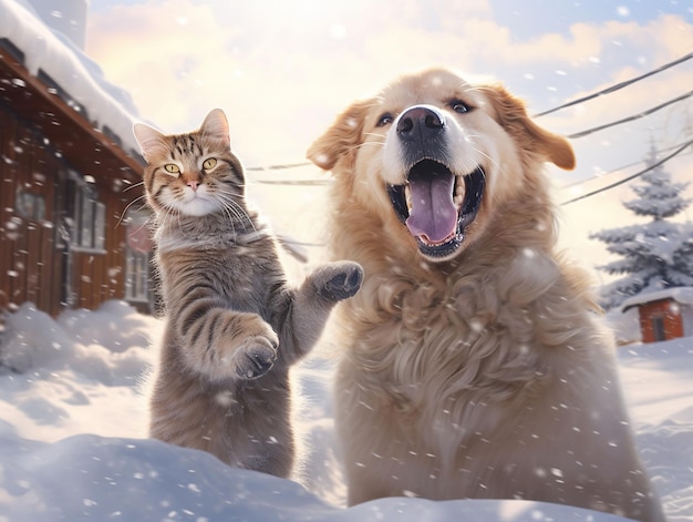 chien et chat dans la neige dans la cour générés par IA