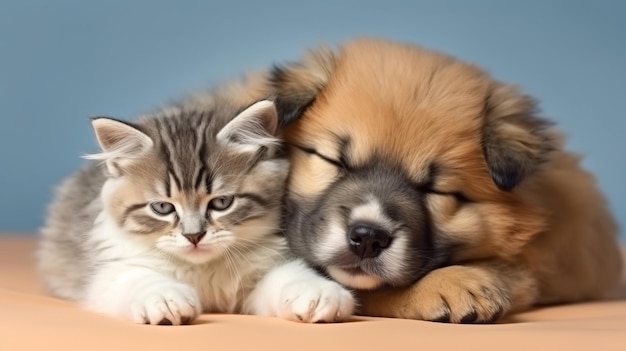 Un chien et un chat dorment ensemble.