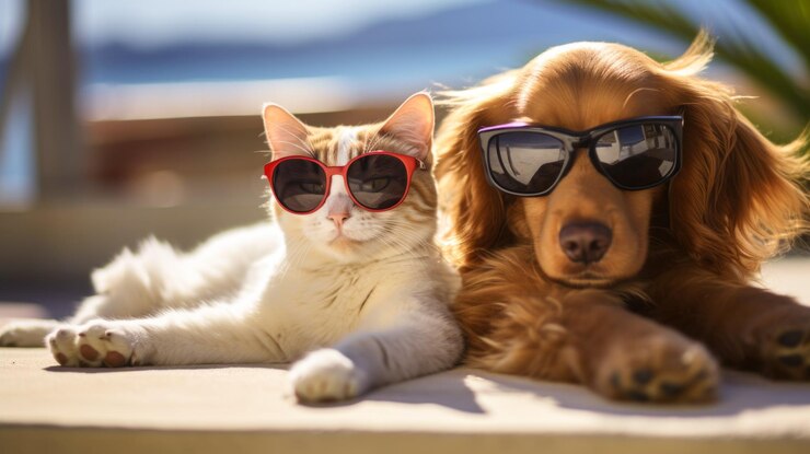 Un chien et un chat élégants profitent des vacances ensemble en portant des lunettes de soleil.