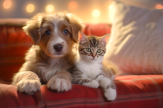 Chien et chat à fourrure mignon sur le canapé sur fond de lumières de Noël