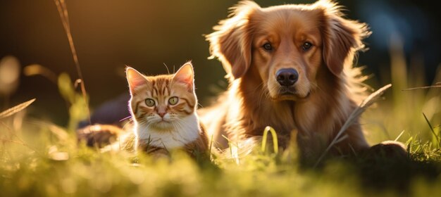 Photo un chien et un chat sur l'herbe