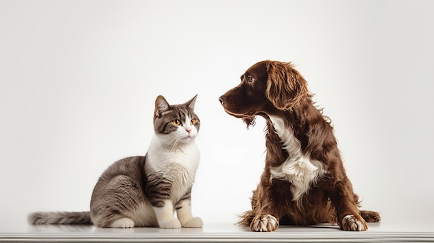 chien et un chat indépendant côte à côte sur fond blanc AI Generative