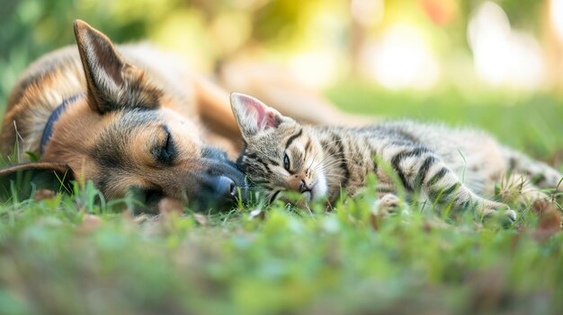 Photo le chien et le chat jouent ensemble à l'extérieur, allongés sur le dos ensemble.