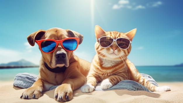Un chien et un chat en lunettes de soleil sur la plage.