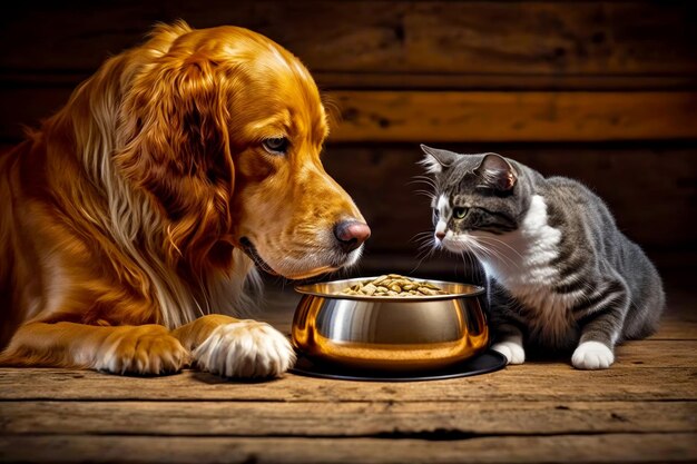 Chien et chat mangeant de la nourriture dans un bol sur la table AI générative