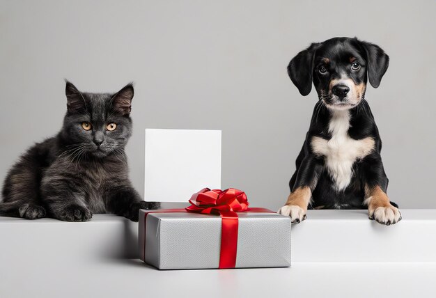 Chien et chat avec noeud de ruban de boîte-cadeau sur fond animaux heureux vacances et concept de vente