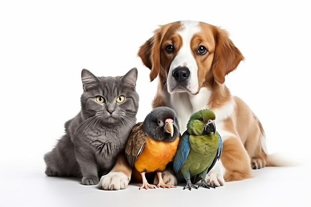 Photo un chien et un chat avec un oiseau sur le dos