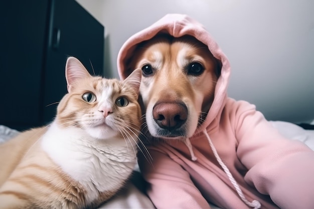 Un chien et un chat prennent une photo ensemble