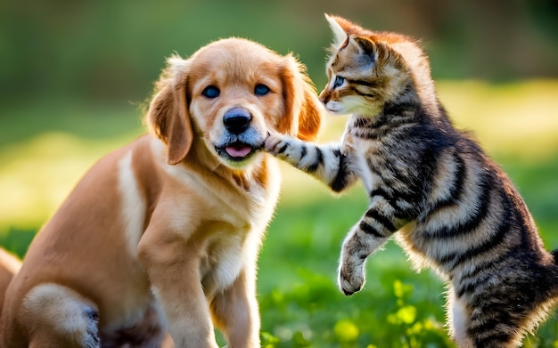 Un chien et un chat qui jouent ensemble