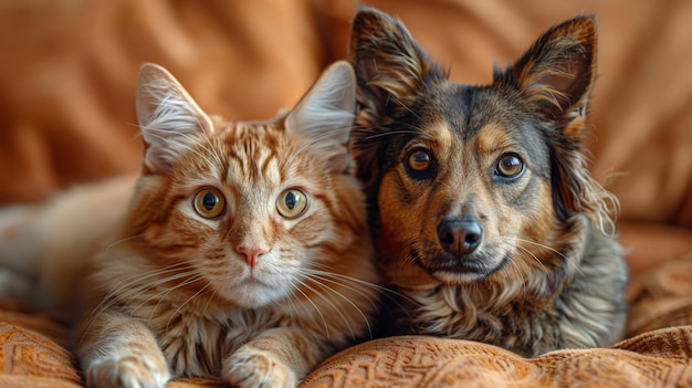 Un chien et un chat se détendent sur un canapé
