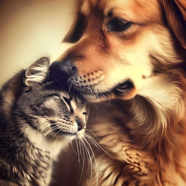 un chien et un chat se regardent et le chien regarde la caméra.