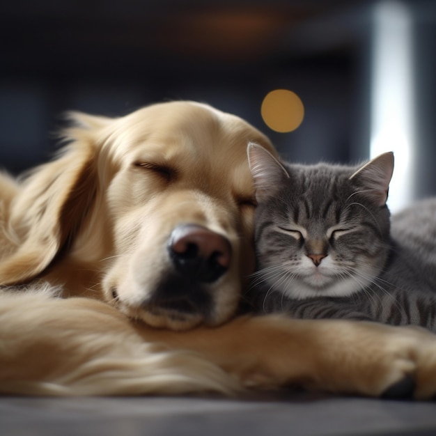 un chien et un chat sont allongés l'un à côté de l'autre.