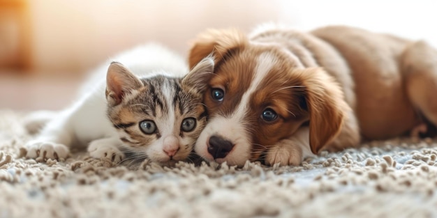 Le chien et le chat sont allongés sur le tapis.