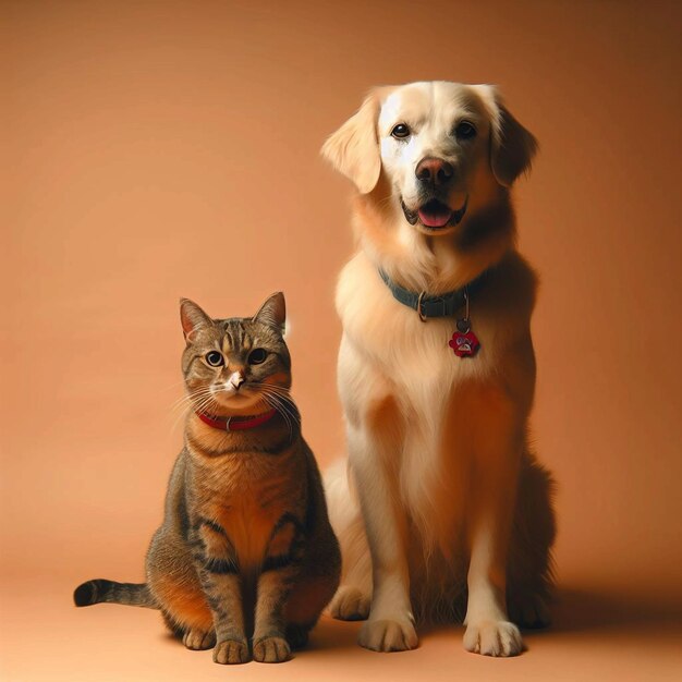 Photo un chien et un chat sont assis devant un mur