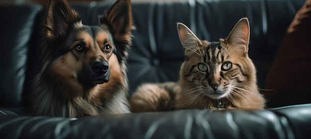 Un chien et un chat sont assis ensemble sur un canapé.