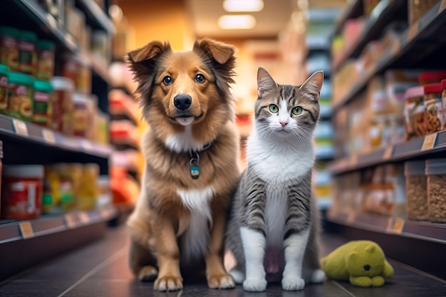 Un chien et un chat sont assis ensemble dans une animalerie.