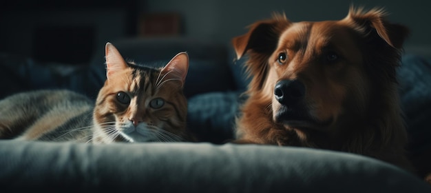 Un chien et un chat sont sur un lit ensemble.