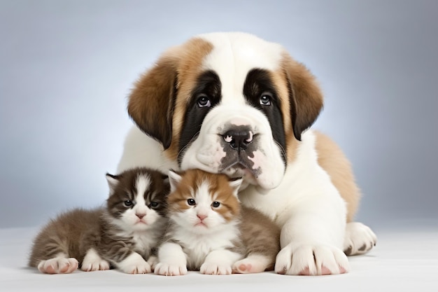 un chien et des chatons sont assis ensemble