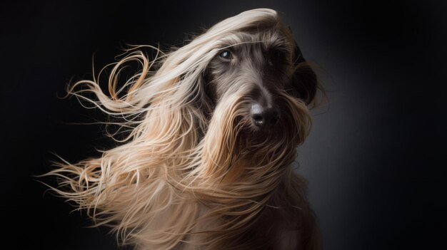 Un chien avec des cheveux longs manteau de chien sur fond sombre