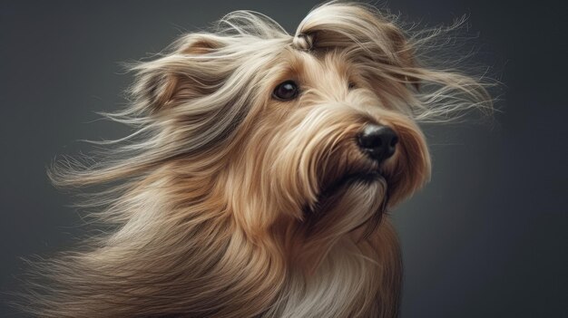 Un chien avec des cheveux longs manteau de chien sur fond sombre