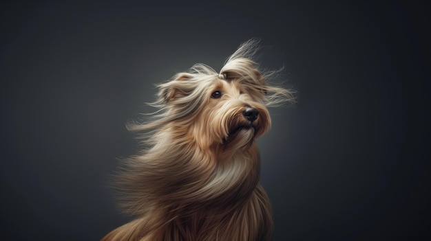 Un chien avec des cheveux longs manteau de chien sur fond sombre