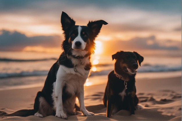 un chien et un chien sur la plage au coucher du soleil.