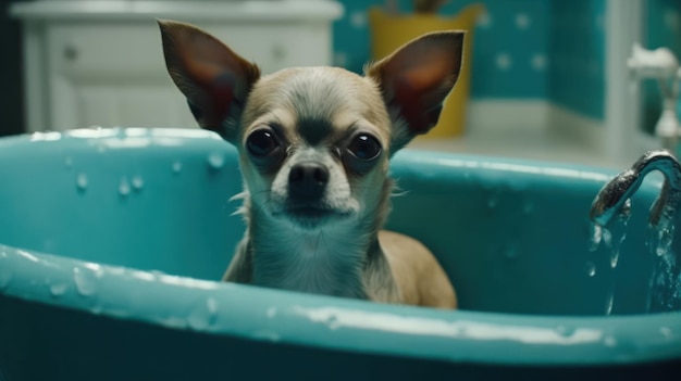 Un chien chihuahua est assis dans une baignoire dans une salle de bain.