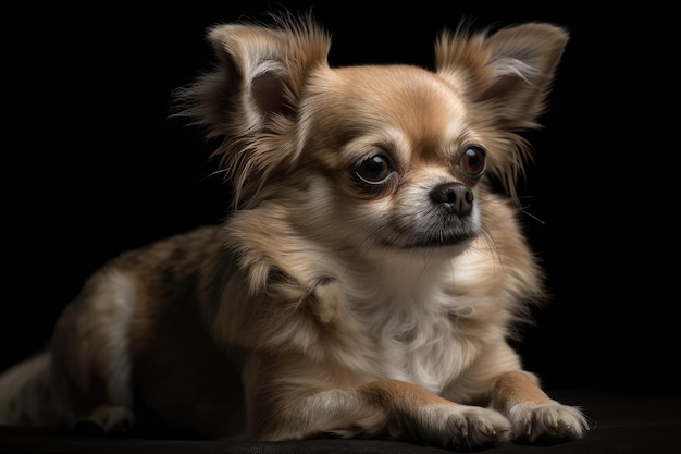 Un chien Chihuahua est assis sur un fond sombre