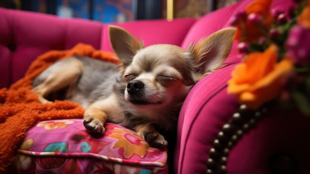 Photo un chien chihuahua qui dort paisiblement sur un canapé confortable et confortable