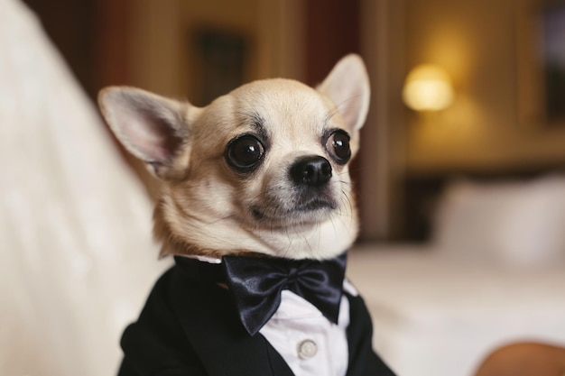 Un chien chihuahua en smoking lors d'un mariage.