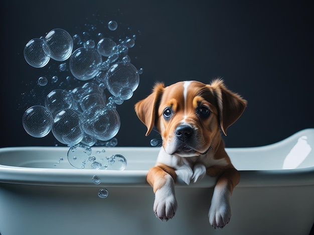 Chien chiot mignon dans la baignoire avec de la mousse et du savon sur fond noir ai génératif