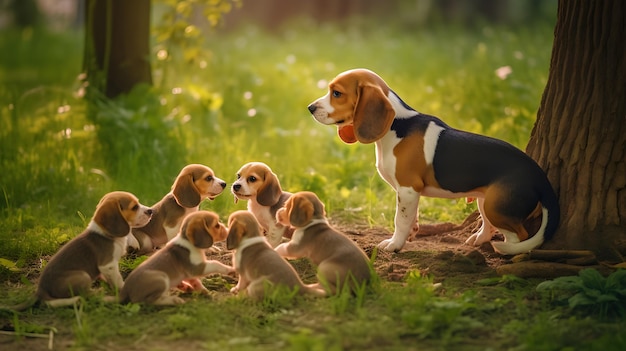 un chien avec des chiots dans un champ avec un chien nommé personne.