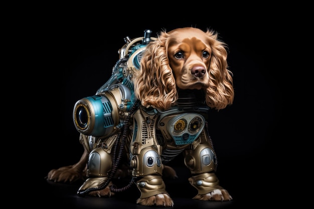 Un chien Cocker Spaniel habillé comme un robot sur un fond noir