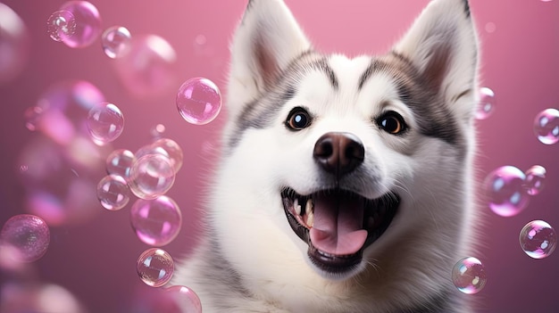 un chien en colère bave des bulles sur fond rose