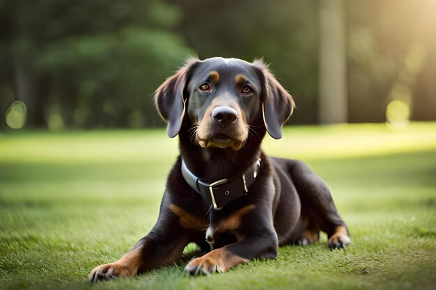 Un chien avec un collier assis dans l'herbe.