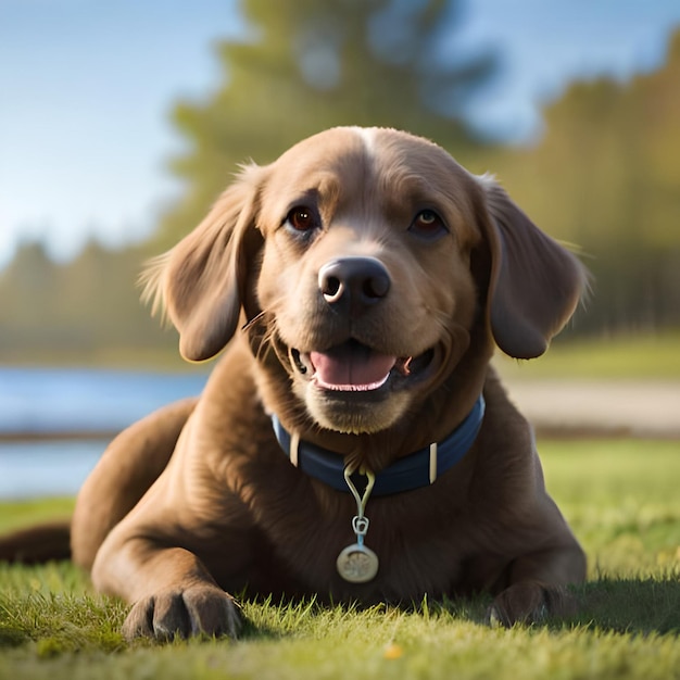 Un chien avec un collier bleu et une médaille qui dit " golden retriever ".