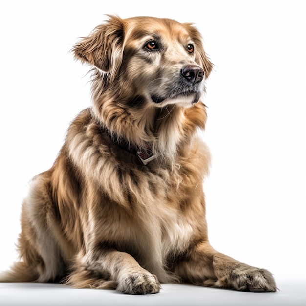 Un chien avec un collier et un collier est assis devant un fond blanc.