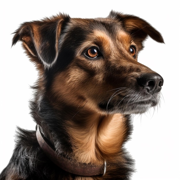 Un chien avec un collier marron et un collier marron lève les yeux.
