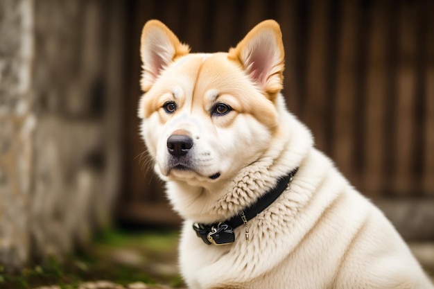 Un chien avec un collier noir et un collier noir est assis devant une clôture en bois.