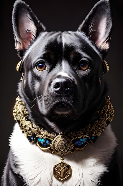 Un chien avec un collier en or et un collier en or