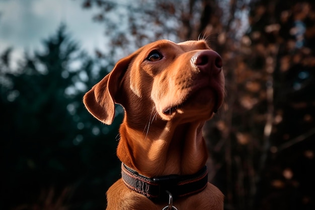 Un chien avec un collier qui dit "chien" dessus