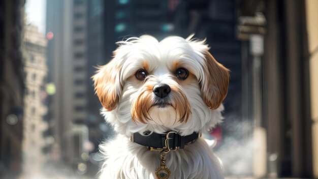 Un chien avec un collier qui dit "le mot chien" dessus