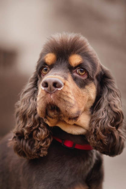 Un chien avec un collier rouge et un collier marron