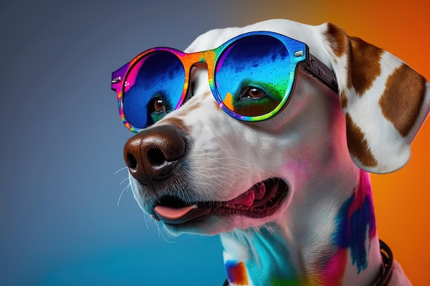 Un chien coloré avec des lunettes arc-en-ciel sur la tête