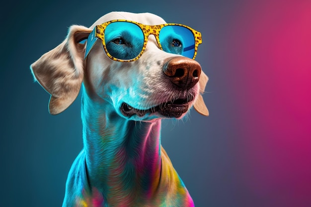 Un chien coloré avec des lunettes jaunes sur la tête