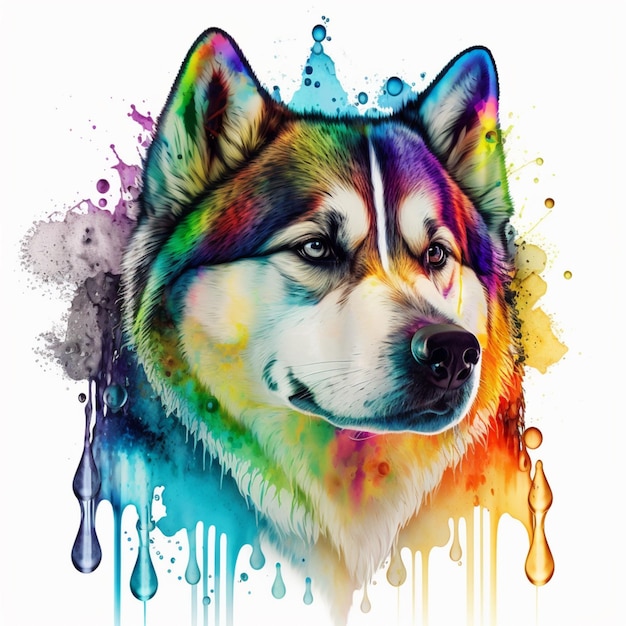 Un chien coloré avec un nez noir et une tête de couleur arc-en-ciel.