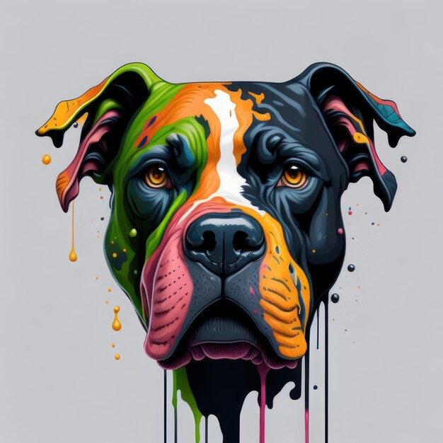 Un chien coloré avec un visage noir et des marques jaunes et oranges.